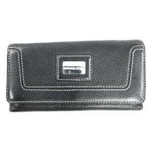Michael Kors Black Leather Snap Flap Large Wallet Credit Cards Metal Logo Clutch